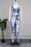 Blue Casual Print Patchwork Draw String U Neck Sleeveless Two Pieces