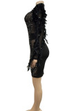 Black Elegant Solid Patchwork See-through Feathers Mesh Hot Drill Zipper O Neck Sheath Dresses