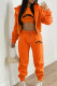 Tangerine Red Casual Print Patchwork Draw String Pocket Hooded Collar Long Sleeve Three Pieces