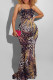 Coffee Elegant Print Patchwork Backless Spaghetti Strap Long Dress Plus Size Dresses