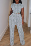 Light Gray Casual Print Bandage Patchwork O Neck Short Sleeve Two Pieces