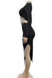 Red Elegant Solid Tassel Patchwork Slit O Neck Long Sleeve Two Pieces