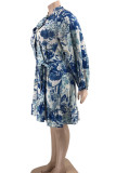 Blue Elegant Print Patchwork Lotus Leaf Collar Long Sleeve Plus Size Dresses