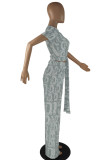 Light Gray Casual Print Bandage Patchwork O Neck Short Sleeve Two Pieces