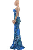 Blue Elegant Print Patchwork Backless Spaghetti Strap Long Dress Plus Size Dresses