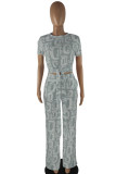 Light Gray Casual Print Bandage Patchwork O Neck Short Sleeve Two Pieces