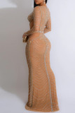 Apricot Elegant Patchwork See-through Hot Drill V Neck Long Dress Dresses