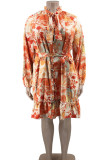 Tangerine Elegant Print Patchwork Lotus Leaf Collar Long Sleeve Plus Size Dresses