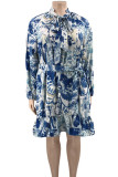 Blue Elegant Print Patchwork Lotus Leaf Collar Long Sleeve Plus Size Dresses