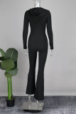 Black Street Solid Patchwork Zipper Hooded Collar Regular Jumpsuits