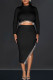 Black Elegant Solid Tassel Patchwork Slit O Neck Long Sleeve Two Pieces