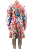 Tangerine Elegant Print Patchwork Lotus Leaf Collar Long Sleeve Plus Size Dresses