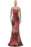Tangerine Red Elegant Print Patchwork Backless Spaghetti Strap Long Dress Plus Size Dresses