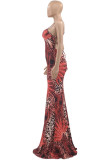 Black Elegant Print Patchwork Backless Spaghetti Strap Long Dress Plus Size Dresses