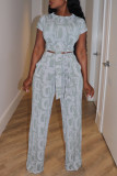 Light Gray Casual Print Bandage Patchwork O Neck Short Sleeve Two Pieces