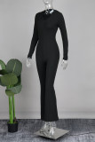 Black Street Solid Patchwork Zipper Hooded Collar Regular Jumpsuits