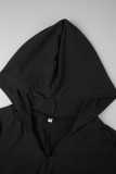 Black Street Solid Patchwork Zipper Hooded Collar Regular Jumpsuits