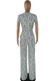 Light Gray Casual Print Bandage Patchwork O Neck Short Sleeve Two Pieces