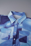 Blue Casual Print Patchwork Turndown Collar Long Sleeve Dresses