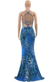 Blue Elegant Print Patchwork Backless Spaghetti Strap Long Dress Plus Size Dresses