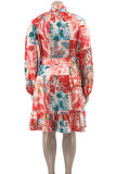 Rose Red Elegant Print Patchwork Lotus Leaf Collar Long Sleeve Plus Size Dresses