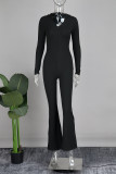 Black Street Solid Patchwork Zipper Hooded Collar Regular Jumpsuits