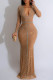 Apricot Elegant Patchwork See-through Hot Drill V Neck Long Dress Dresses