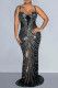 Black Elegant Patchwork See-through Hot Drill Spaghetti Strap Long Dress Dresses