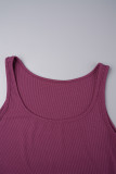 Fuchsia Casual Solid Patchwork Draw String U Neck Sleeveless Two Pieces