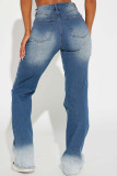 Blue Street Gradual Change Patchwork Pocket Buttons Zipper Mid Waist Boot Cut Denim Jeans