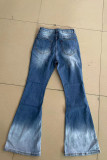 Blue Street Gradual Change Patchwork Pocket Buttons Zipper Mid Waist Boot Cut Denim Jeans