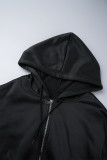 Black Street Solid Patchwork Draw String Pocket Zipper Hooded Collar Long Sleeve Two Pieces