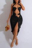 Rose Red Sexy Solid Patchwork Halter Wrapped Skirt Dresses