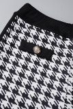 Black And White Casual Print Patchwork Buttons Zipper O Neck Long Sleeve Two Pieces