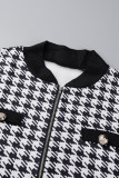 Black And White Casual Print Patchwork Buttons Zipper O Neck Long Sleeve Two Pieces