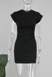 Black Sexy Solid Patchwork Fold O Neck Mini Dress Dresses
