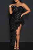 Apricot Sexy Solid Sequins Patchwork Feathers Zipper Strapless Irregular Dress Dresses