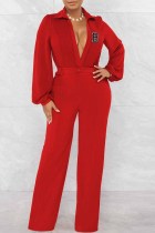 Red Sexy Print Letter V Neck Jumpsuits