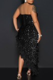 Black Sexy Solid Sequins Patchwork Feathers Zipper Strapless Irregular Dress Dresses