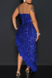 Blue Sexy Solid Sequins Patchwork Feathers Zipper Strapless Irregular Dress Dresses