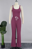 Fuchsia Casual Solid Patchwork Draw String U Neck Sleeveless Two Pieces