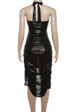 Rose Red Sexy Solid Patchwork Halter Wrapped Skirt Dresses