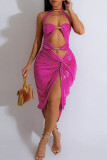 Rose Red Sexy Solid Patchwork Halter Wrapped Skirt Dresses