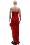 Red Sexy Solid Sequins Patchwork Feathers Zipper Strapless Irregular Dress Dresses