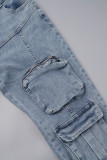 Light Blue Street Solid Patchwork Pocket Buttons Zipper High Waist Skinny Denim Jeans