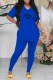 Blue Casual Print Letter V Neck Short Sleeve Two Pieces
