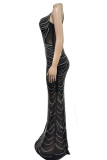 Black Sexy Patchwork See-through Hot Drill Spaghetti Strap Long Dress Dresses