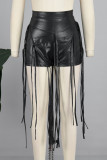 Black Sexy Solid Tassel Patchwork Cross Straps Zipper Weave Skinny Low Waist Conventional Solid Color Bottoms