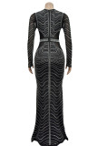 Black Elegant Patchwork See-through Hot Drill V Neck Long Dress Dresses