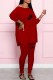 Burgundy Casual Print Letter O Neck Long Sleeve Two Pieces